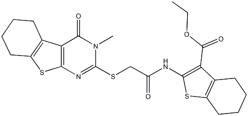 ethyl 2-({[(3-methyl-4-oxo-3,4,5,6,7,8-hexahydro[1]benzothieno[2,3-d]pyrimidin-2-yl)sulfanyl]acetyl}amino)-4,5,6,7-tetrahydro-1-benzothiophene-3-carboxylate Struktur