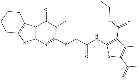 ethyl 5-acetyl-4-methyl-2-({[(3-methyl-4-oxo-3,4,5,6,7,8-hexahydro[1]benzothieno[2,3-d]pyrimidin-2-yl)sulfanyl]acetyl}amino)-3-thiophenecarboxylate Struktur