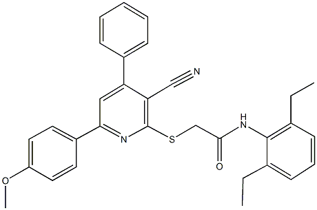 2-{[3-cyano-6-(4-methoxyphenyl)-4-phenyl-2-pyridinyl]sulfanyl}-N-(2,6-diethylphenyl)acetamide Struktur