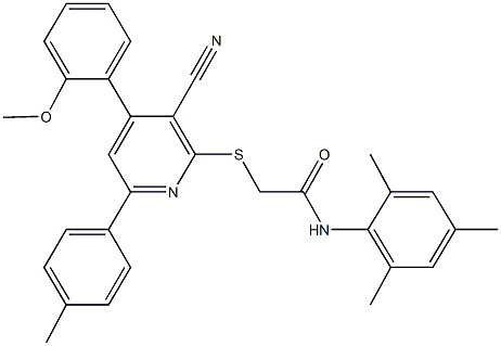 2-{[3-cyano-4-(2-methoxyphenyl)-6-(4-methylphenyl)-2-pyridinyl]sulfanyl}-N-mesitylacetamide Struktur