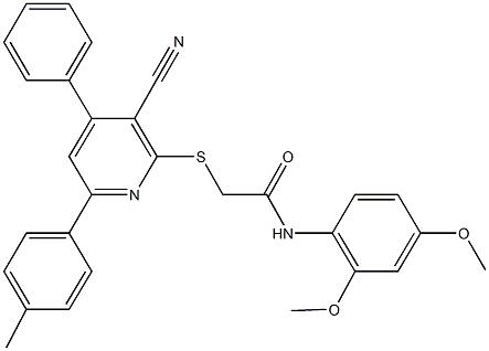 2-{[3-cyano-6-(4-methylphenyl)-4-phenyl-2-pyridinyl]sulfanyl}-N-(2,4-dimethoxyphenyl)acetamide Struktur