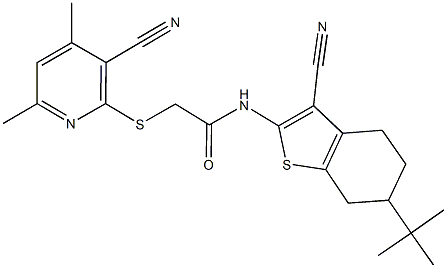 N-(6-tert-butyl-3-cyano-4,5,6,7-tetrahydro-1-benzothien-2-yl)-2-[(3-cyano-4,6-dimethyl-2-pyridinyl)sulfanyl]acetamide Struktur