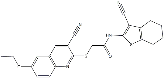 2-[(3-cyano-6-ethoxy-2-quinolinyl)sulfanyl]-N-(3-cyano-4,5,6,7-tetrahydro-1-benzothien-2-yl)acetamide Struktur