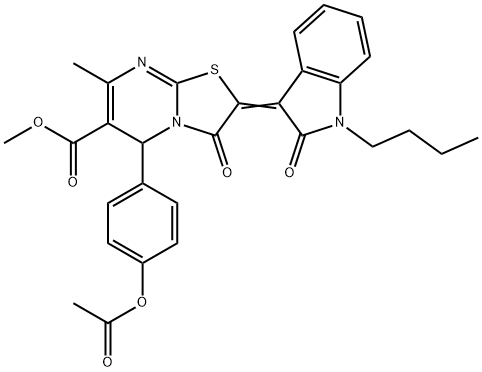 methyl 5-[4-(acetyloxy)phenyl]-2-(1-butyl-2-oxo-1,2-dihydro-3H-indol-3-ylidene)-7-methyl-3-oxo-2,3-dihydro-5H-[1,3]thiazolo[3,2-a]pyrimidine-6-carboxylate Struktur