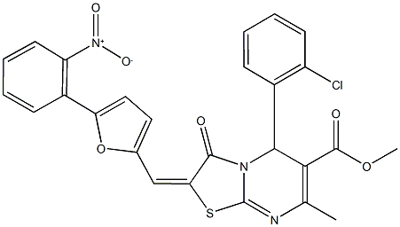 methyl 5-(2-chlorophenyl)-2-[(5-{2-nitrophenyl}-2-furyl)methylene]-7-methyl-3-oxo-2,3-dihydro-5H-[1,3]thiazolo[3,2-a]pyrimidine-6-carboxylate Struktur