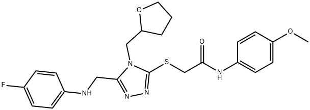 2-{[5-[(4-fluoroanilino)methyl]-4-(tetrahydro-2-furanylmethyl)-4H-1,2,4-triazol-3-yl]sulfanyl}-N-(4-methoxyphenyl)acetamide Struktur