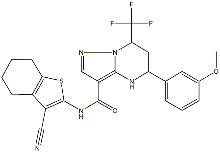 N-(3-cyano-4,5,6,7-tetrahydro-1-benzothien-2-yl)-5-(3-methoxyphenyl)-7-(trifluoromethyl)-4,5,6,7-tetrahydropyrazolo[1,5-a]pyrimidine-3-carboxamide Struktur