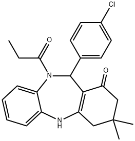 11-(4-chlorophenyl)-3,3-dimethyl-10-propionyl-2,3,4,5,10,11-hexahydro-1H-dibenzo[b,e][1,4]diazepin-1-one Struktur