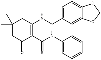 2-[(1,3-benzodioxol-5-ylmethyl)amino]-4,4-dimethyl-6-oxo-N-phenyl-1-cyclohexene-1-carbothioamide Struktur