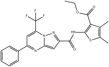 ethyl 4,5-dimethyl-2-({[5-phenyl-7-(trifluoromethyl)pyrazolo[1,5-a]pyrimidin-2-yl]carbonyl}amino)-3-thiophenecarboxylate Struktur