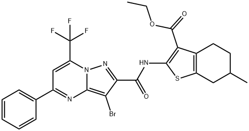 ethyl 2-({[3-bromo-5-phenyl-7-(trifluoromethyl)pyrazolo[1,5-a]pyrimidin-2-yl]carbonyl}amino)-6-methyl-4,5,6,7-tetrahydro-1-benzothiophene-3-carboxylate Struktur