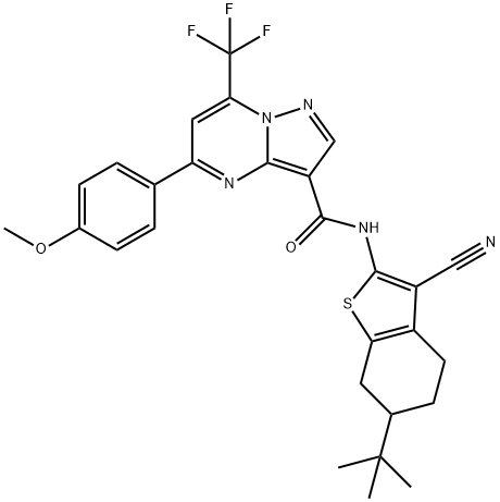 N-(6-tert-butyl-3-cyano-4,5,6,7-tetrahydro-1-benzothien-2-yl)-5-(4-methoxyphenyl)-7-(trifluoromethyl)pyrazolo[1,5-a]pyrimidine-3-carboxamide Struktur