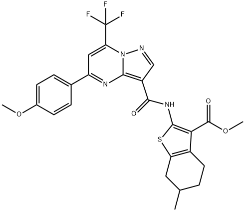 methyl 2-({[5-(4-methoxyphenyl)-7-(trifluoromethyl)pyrazolo[1,5-a]pyrimidin-3-yl]carbonyl}amino)-6-methyl-4,5,6,7-tetrahydro-1-benzothiophene-3-carboxylate Struktur