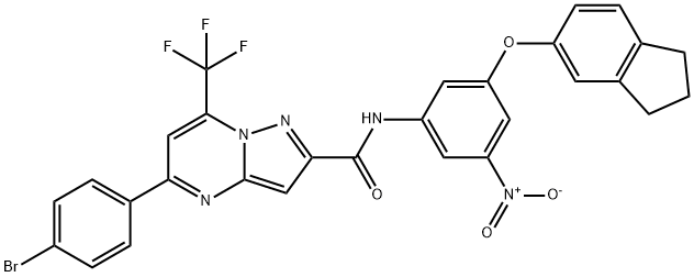 5-(4-bromophenyl)-N-{3-(2,3-dihydro-1H-inden-5-yloxy)-5-nitrophenyl}-7-(trifluoromethyl)pyrazolo[1,5-a]pyrimidine-2-carboxamide Struktur