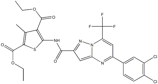 diethyl 5-({[5-(3,4-dichlorophenyl)-7-(trifluoromethyl)pyrazolo[1,5-a]pyrimidin-2-yl]carbonyl}amino)-3-methyl-2,4-thiophenedicarboxylate Struktur