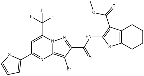 methyl 2-({[3-bromo-5-(2-thienyl)-7-(trifluoromethyl)pyrazolo[1,5-a]pyrimidin-2-yl]carbonyl}amino)-4,5,6,7-tetrahydro-1-benzothiophene-3-carboxylate Struktur