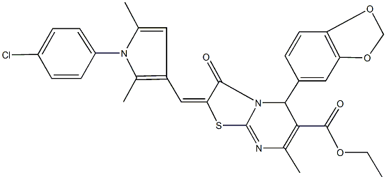 ethyl 5-(1,3-benzodioxol-5-yl)-2-{[1-(4-chlorophenyl)-2,5-dimethyl-1H-pyrrol-3-yl]methylene}-7-methyl-3-oxo-2,3-dihydro-5H-[1,3]thiazolo[3,2-a]pyrimidine-6-carboxylate Struktur