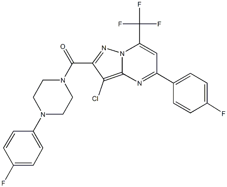 3-chloro-5-(4-fluorophenyl)-2-{[4-(4-fluorophenyl)-1-piperazinyl]carbonyl}-7-(trifluoromethyl)pyrazolo[1,5-a]pyrimidine Struktur