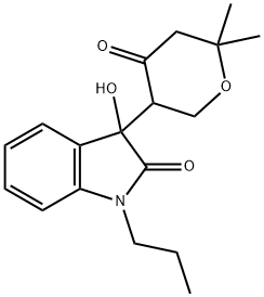 3-(6,6-dimethyl-4-oxotetrahydro-2H-pyran-3-yl)-3-hydroxy-1-propyl-1,3-dihydro-2H-indol-2-one Struktur