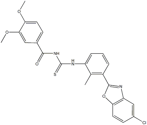 N-[3-(5-chloro-1,3-benzoxazol-2-yl)-2-methylphenyl]-N'-(3,4-dimethoxybenzoyl)thiourea Struktur