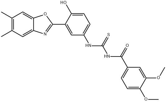 N-(3,4-dimethoxybenzoyl)-N'-[3-(5,6-dimethyl-1,3-benzoxazol-2-yl)-4-hydroxyphenyl]thiourea Struktur