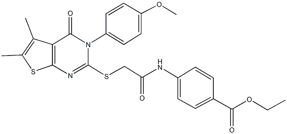 ethyl 4-[({[3-(4-methoxyphenyl)-5,6-dimethyl-4-oxo-3,4-dihydrothieno[2,3-d]pyrimidin-2-yl]sulfanyl}acetyl)amino]benzoate Struktur