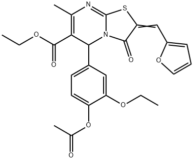 ethyl 5-[4-(acetyloxy)-3-ethoxyphenyl]-2-(2-furylmethylene)-7-methyl-3-oxo-2,3-dihydro-5H-[1,3]thiazolo[3,2-a]pyrimidine-6-carboxylate Struktur