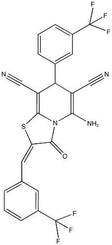 5-amino-3-oxo-2-[3-(trifluoromethyl)benzylidene]-7-[3-(trifluoromethyl)phenyl]-2,3-dihydro-7H-[1,3]thiazolo[3,2-a]pyridine-6,8-dicarbonitrile Struktur