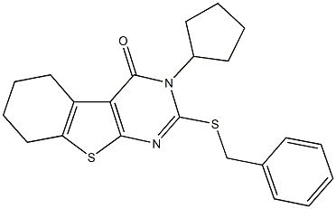 2-(benzylsulfanyl)-3-cyclopentyl-5,6,7,8-tetrahydro[1]benzothieno[2,3-d]pyrimidin-4(3H)-one Struktur