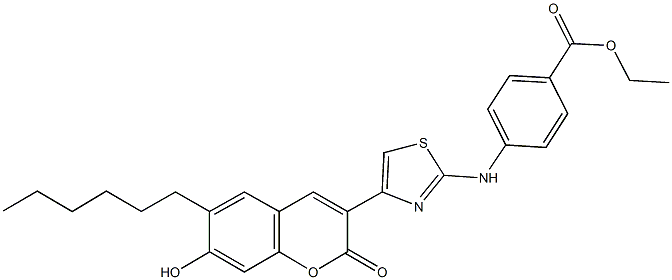 ethyl 4-{[4-(6-hexyl-7-hydroxy-2-oxo-2H-chromen-3-yl)-1,3-thiazol-2-yl]amino}benzoate Struktur