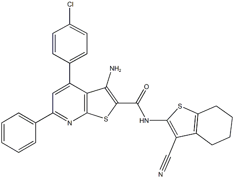 3-amino-4-(4-chlorophenyl)-N-(3-cyano-4,5,6,7-tetrahydro-1-benzothien-2-yl)-6-phenylthieno[2,3-b]pyridine-2-carboxamide Struktur