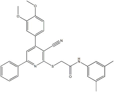 2-{[3-cyano-4-(3,4-dimethoxyphenyl)-6-phenyl-2-pyridinyl]sulfanyl}-N-(3,5-dimethylphenyl)acetamide Struktur