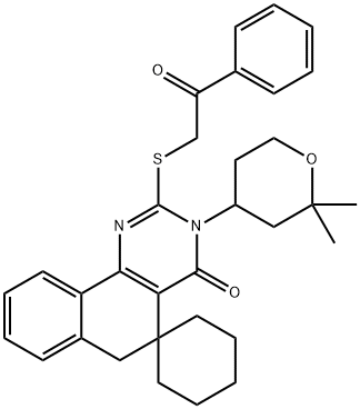 3-(2,2-dimethyltetrahydro-2H-pyran-4-yl)-2-[(2-oxo-2-phenylethyl)sulfanyl]-5,6-dihydrospiro(benzo[h]quinazoline-5,1'-cyclohexane)-4(3H)-one Struktur