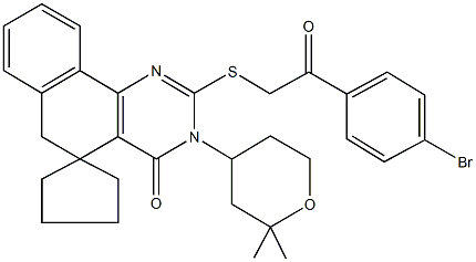 2-{[2-(4-bromophenyl)-2-oxoethyl]sulfanyl}-3-(2,2-dimethyltetrahydro-2H-pyran-4-yl)-5,6-dihydrospiro(benzo[h]quinazoline-5,1'-cyclopentane)-4(3H)-one Struktur