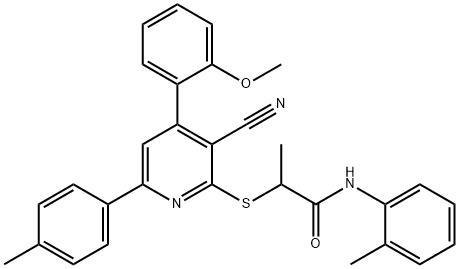 2-{[3-cyano-4-(2-methoxyphenyl)-6-(4-methylphenyl)-2-pyridinyl]sulfanyl}-N-(2-methylphenyl)propanamide Struktur