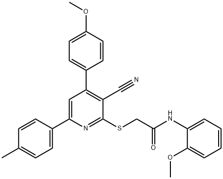 2-{[3-cyano-4-(4-methoxyphenyl)-6-(4-methylphenyl)-2-pyridinyl]sulfanyl}-N-(2-methoxyphenyl)acetamide Struktur