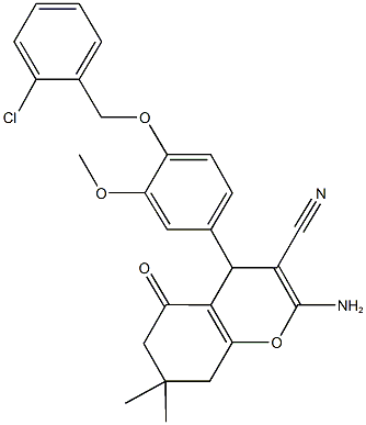 2-amino-4-{4-[(2-chlorobenzyl)oxy]-3-methoxyphenyl}-7,7-dimethyl-5-oxo-5,6,7,8-tetrahydro-4H-chromene-3-carbonitrile Struktur