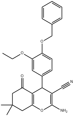 2-amino-4-[4-(benzyloxy)-3-ethoxyphenyl]-7,7-dimethyl-5-oxo-5,6,7,8-tetrahydro-4H-chromene-3-carbonitrile Struktur