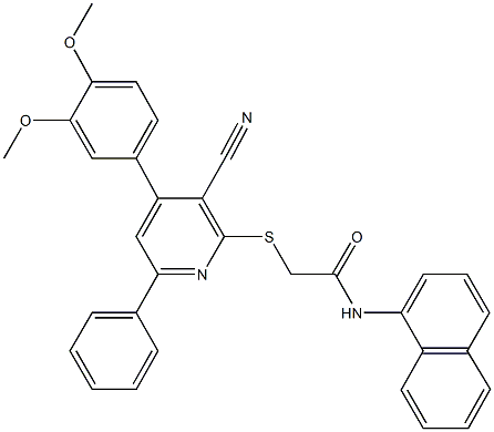 2-{[3-cyano-4-(3,4-dimethoxyphenyl)-6-phenyl-2-pyridinyl]sulfanyl}-N-(1-naphthyl)acetamide Struktur