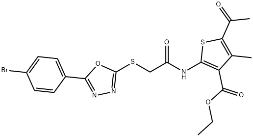 ethyl 5-acetyl-2-[({[5-(4-bromophenyl)-1,3,4-oxadiazol-2-yl]sulfanyl}acetyl)amino]-4-methyl-3-thiophenecarboxylate Struktur