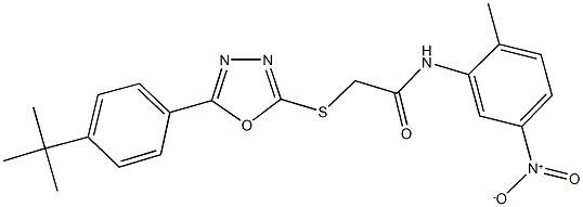 2-{[5-(4-tert-butylphenyl)-1,3,4-oxadiazol-2-yl]sulfanyl}-N-{5-nitro-2-methylphenyl}acetamide Struktur