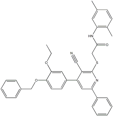 2-({4-[4-(benzyloxy)-3-ethoxyphenyl]-3-cyano-6-phenyl-2-pyridinyl}sulfanyl)-N-(2,5-dimethylphenyl)acetamide Struktur