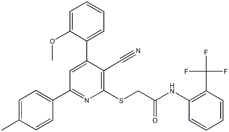 2-{[3-cyano-4-(2-methoxyphenyl)-6-(4-methylphenyl)-2-pyridinyl]sulfanyl}-N-[2-(trifluoromethyl)phenyl]acetamide Struktur