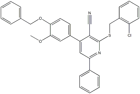 4-[4-(benzyloxy)-3-methoxyphenyl]-2-[(2-chlorobenzyl)sulfanyl]-6-phenylnicotinonitrile Struktur