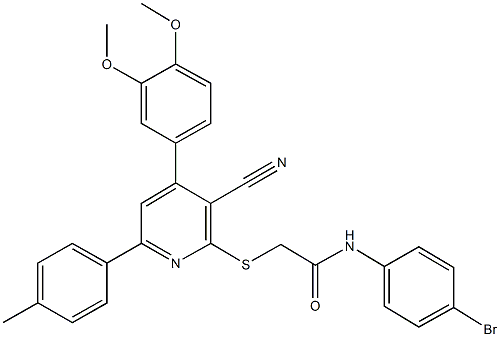 N-(4-bromophenyl)-2-{[3-cyano-4-(3,4-dimethoxyphenyl)-6-(4-methylphenyl)-2-pyridinyl]sulfanyl}acetamide Struktur