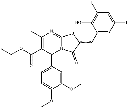 ethyl 5-(3,4-dimethoxyphenyl)-2-(2-hydroxy-3,5-diiodobenzylidene)-7-methyl-3-oxo-2,3-dihydro-5H-[1,3]thiazolo[3,2-a]pyrimidine-6-carboxylate Struktur