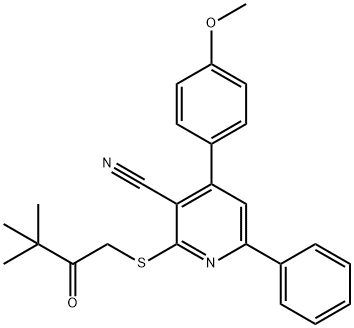 2-[(3,3-dimethyl-2-oxobutyl)sulfanyl]-4-(4-methoxyphenyl)-6-phenylnicotinonitrile Struktur