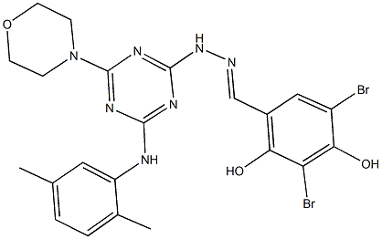 3,5-dibromo-2,4-dihydroxybenzaldehyde [4-(2,5-dimethylanilino)-6-(4-morpholinyl)-1,3,5-triazin-2-yl]hydrazone Struktur