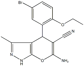 6-amino-4-(5-bromo-2-ethoxyphenyl)-3-methyl-1,4-dihydropyrano[2,3-c]pyrazole-5-carbonitrile Struktur