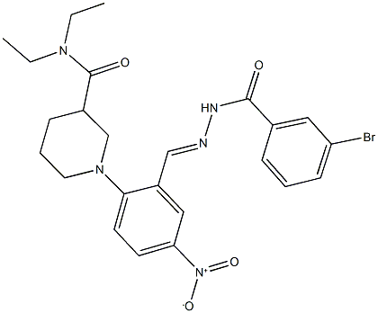 1-{2-[2-(3-bromobenzoyl)carbohydrazonoyl]-4-nitrophenyl}-N,N-diethyl-3-piperidinecarboxamide Struktur